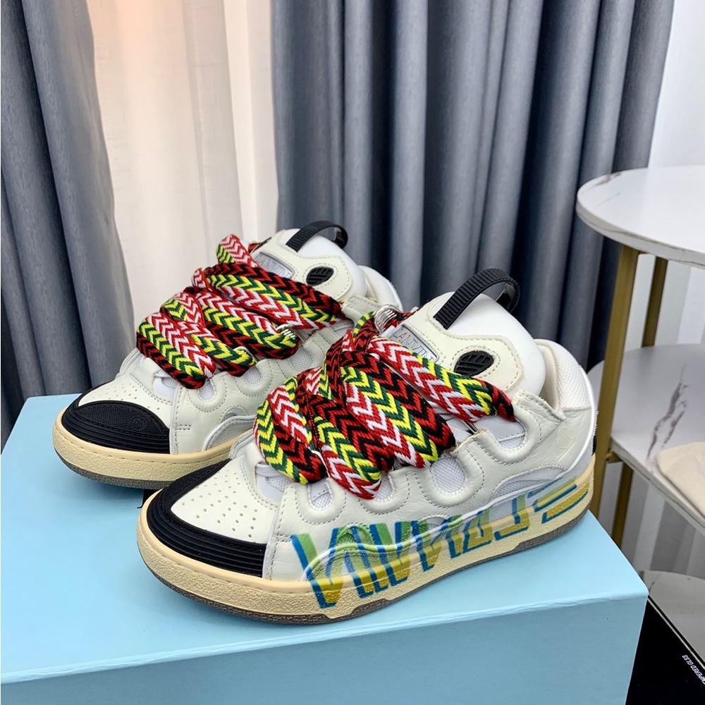 Lanvin Kids White Sneakers with Black Toe and Multicolor Braided Laces - Picture 5 of 9